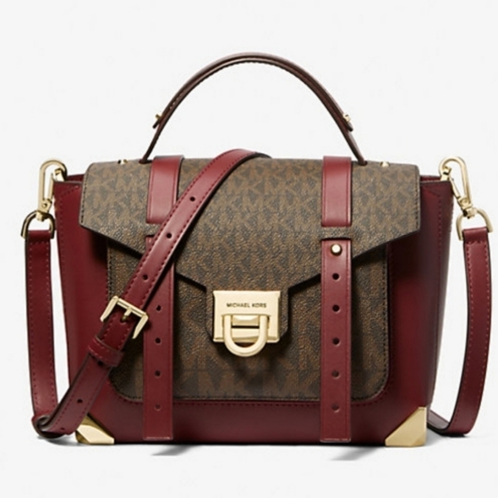 💜🔹️Michael Kors 🔹️Manhattan Medium Leather and Logo Satchel- Dark Cherry - Picture 1 of 7